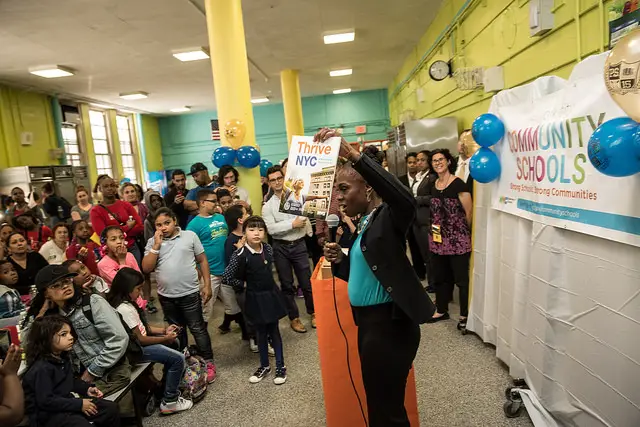 New York City First Lady Chirlane McCray visits a Community Schools program at PS 15 Roberto Clemente School in Manhattan, where she also discussed mental health awareness and ThriveNYC